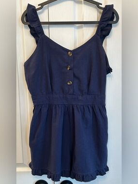 Zaful Navy Blue Ruffle Strap Romper V Neck Pockets Size M